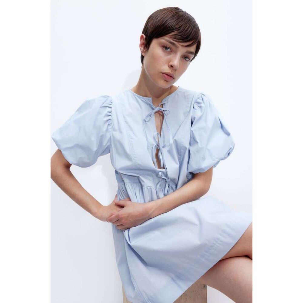 🧺H&M Divided NWT Tie-Detail Puff Sleeve Light Blue Mini Dress, size L